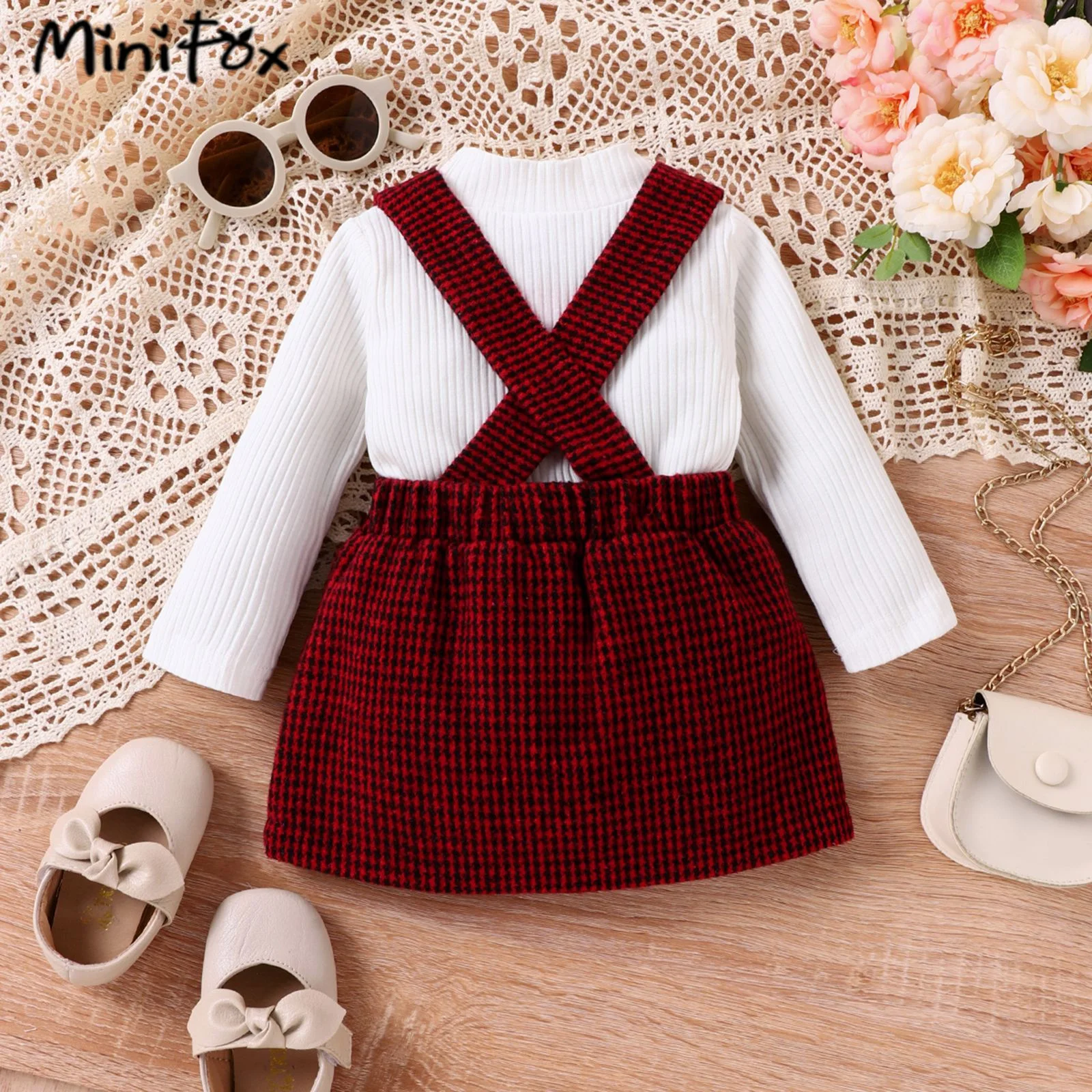 MiniFox completi per neonate set t-shirt bianche con maniche in pizzo di compleanno rosso e gonne di velluto a coste con fiocco vestiti per bambine