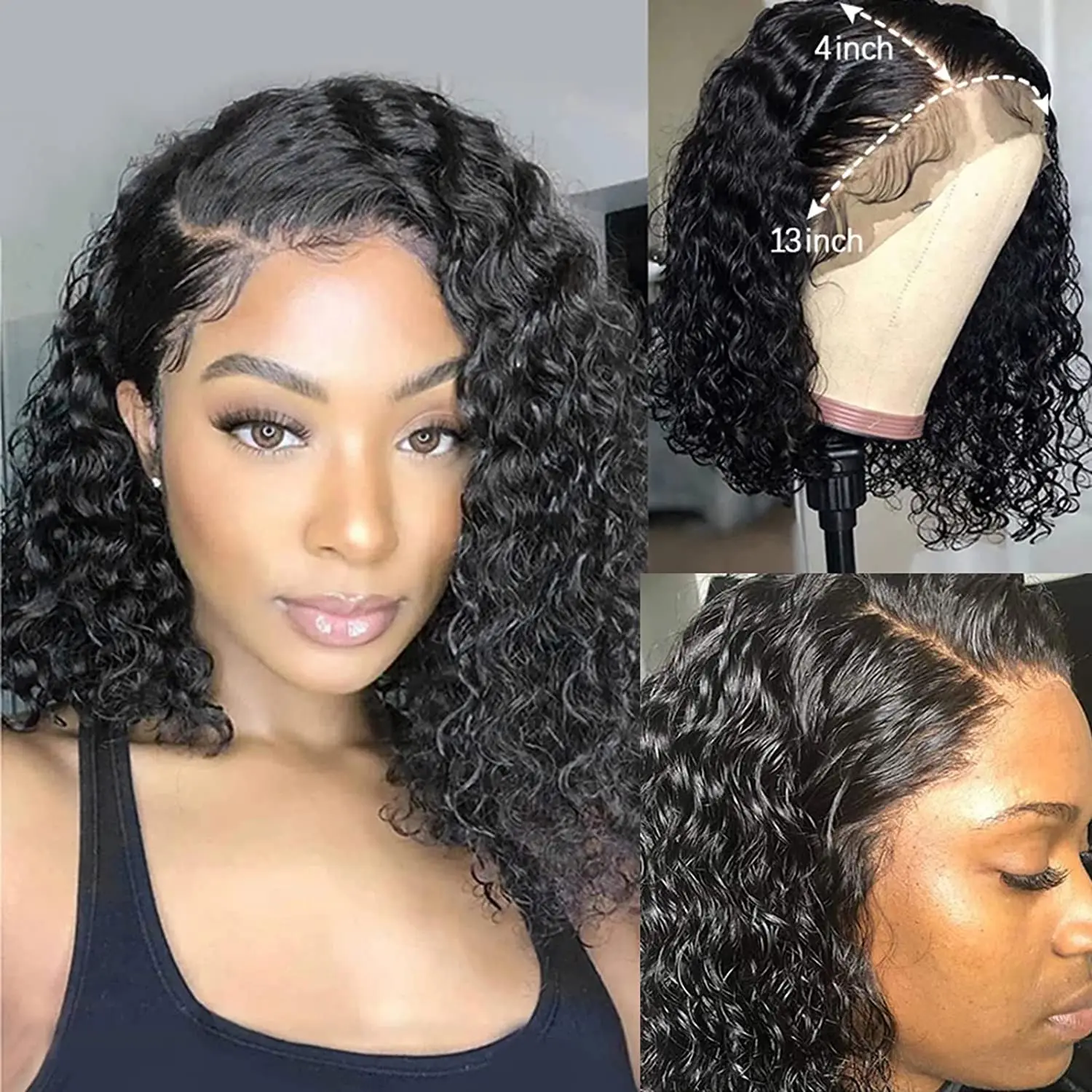 SSH Lace Part 150% Density Brazilian Remy Short Bob Curly Human Hair Wigs For Black Women Side Part Pre Plucked Hairline 14 Inch