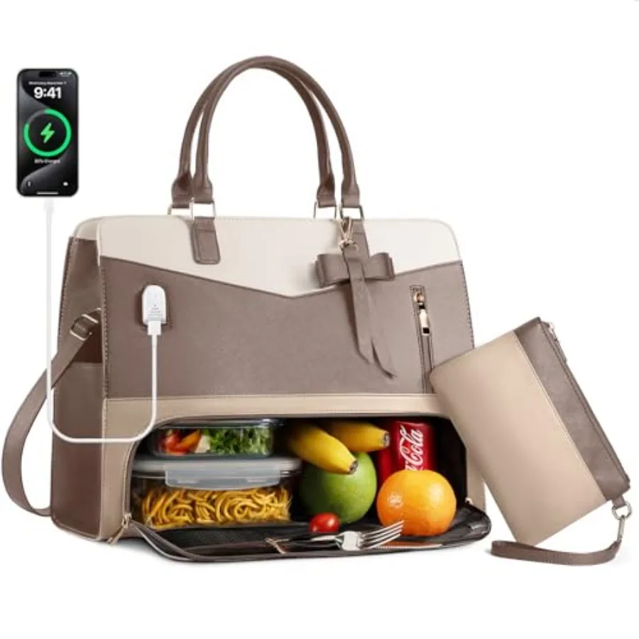

Lunch Tote Bag for Women 2 in 1 Laptop Work Bag with Lunch Insulated Compartment and Purse Combo Leather Crossbody Bag