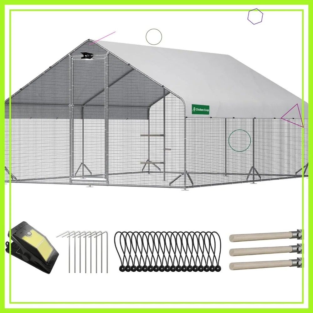 

Large Chicken Coop with Solar Light, Waterproof Cover, Outdoor Poultry Cage for Farm Use