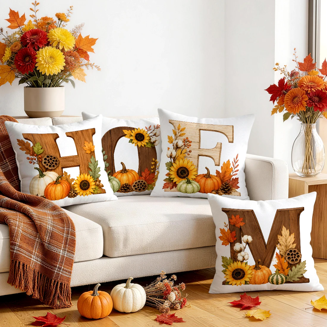 Wooden HOME Letters Autumn Pumpkin Cushions Pillowcase Polyester Cushion Cover Throw Pillow Pillowcover Home Car Sofa Decor