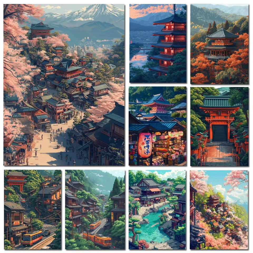 Diamond Art Paintings New Japan Tokyo City landscape Full Diamond Mosaic Stitch Natural Scenery Cherry Blossom Embroidery