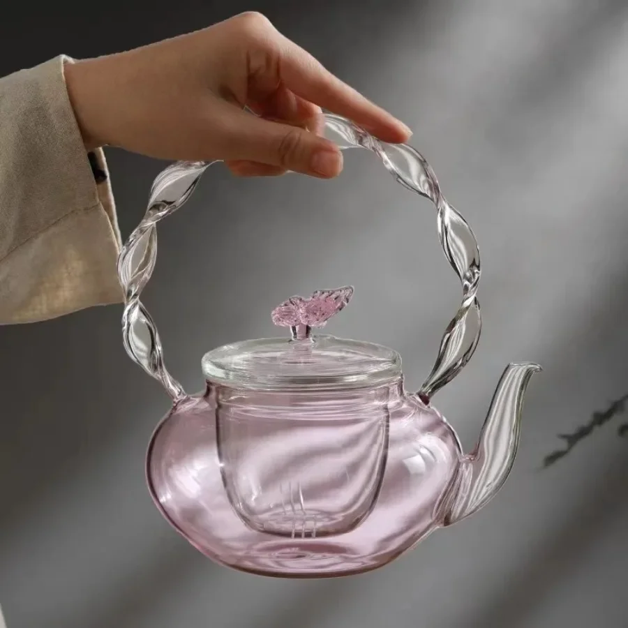 700ml Glass Teapot Tea Water Separation Handle Pot Creative Pink Butterfly Button Flower Teaset High Temperature Resistant Cup