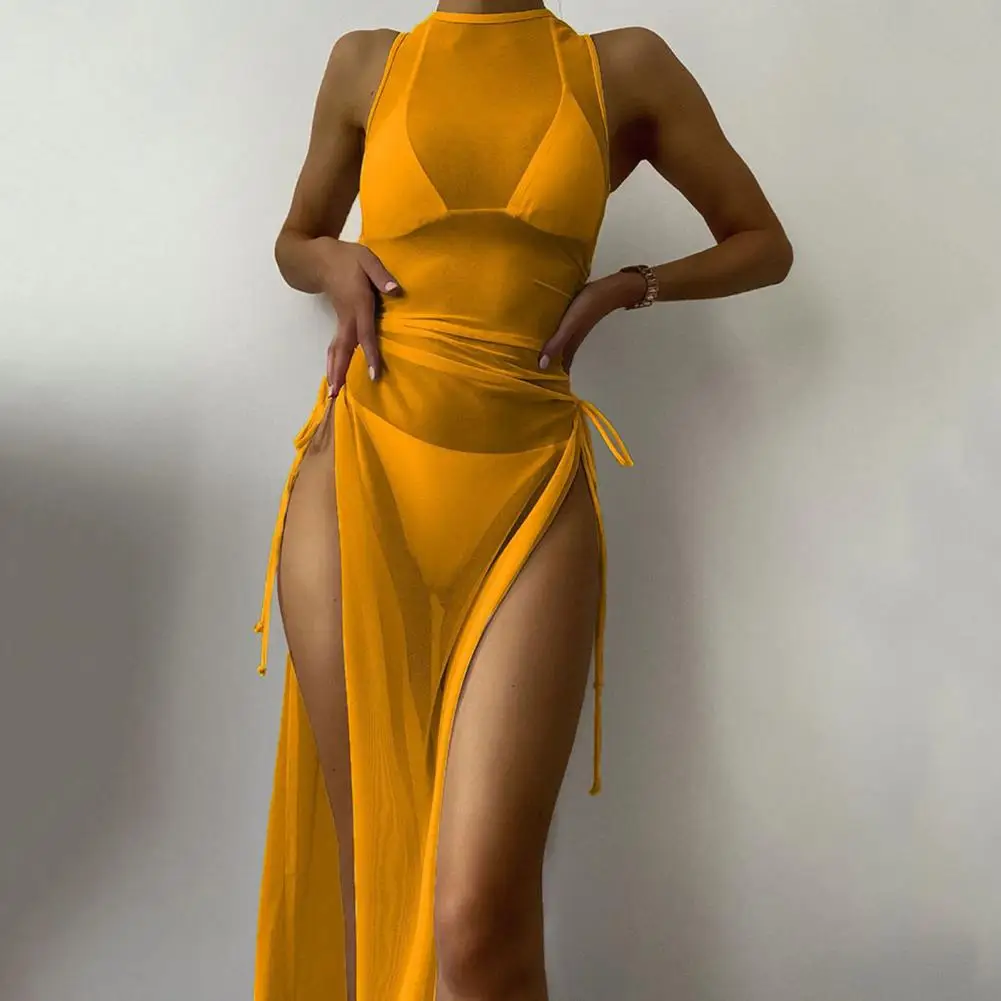 Vestido de playa ajustado, conjunto de 3 piezas, Sexy, transparente, largo, de gasa, acolchado