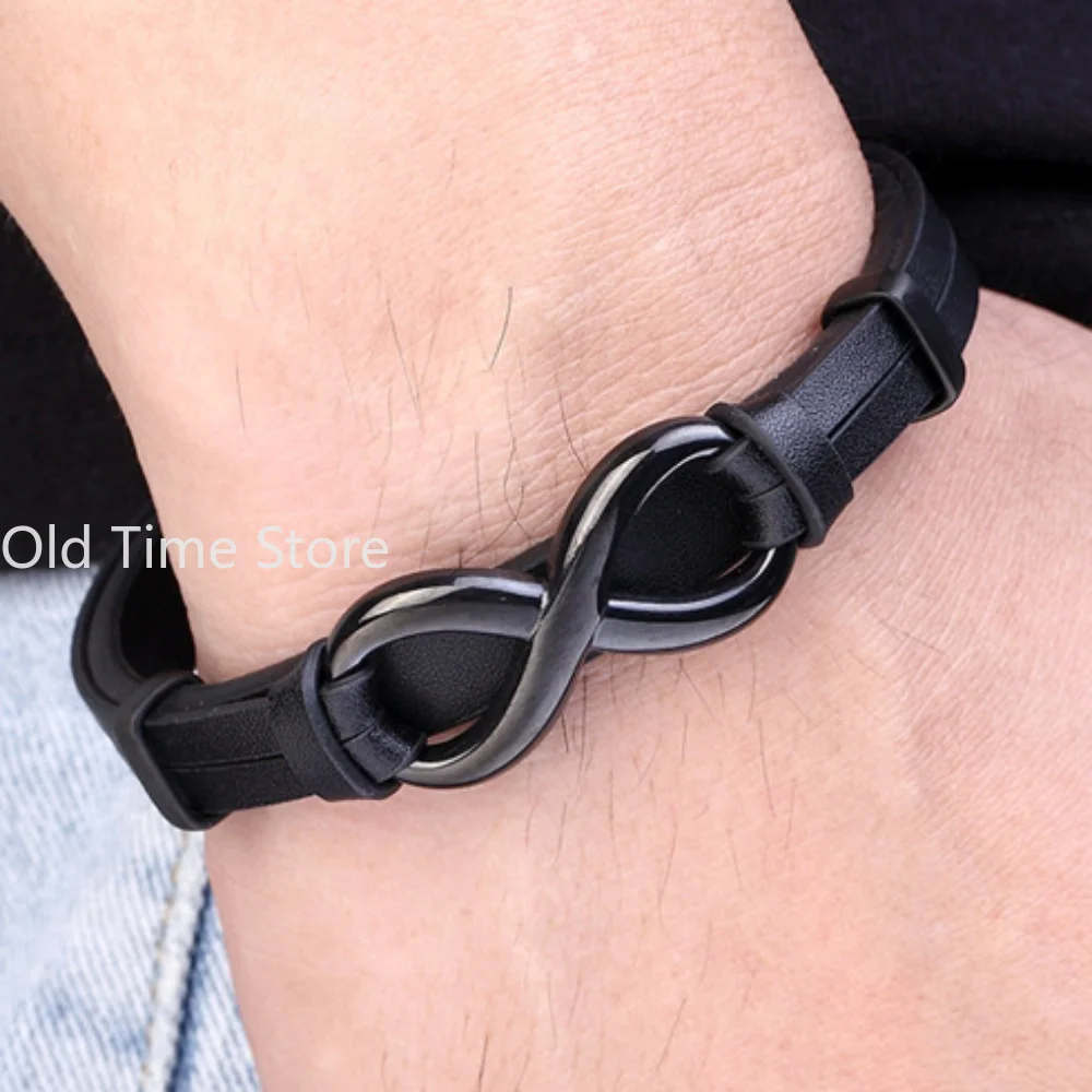 Luxury Genuine Leather Infinity Symbol Mens Bracelet Stainless Steel Buckle Couple Bangles Jewelry Digital 8 Bracelet Gifts