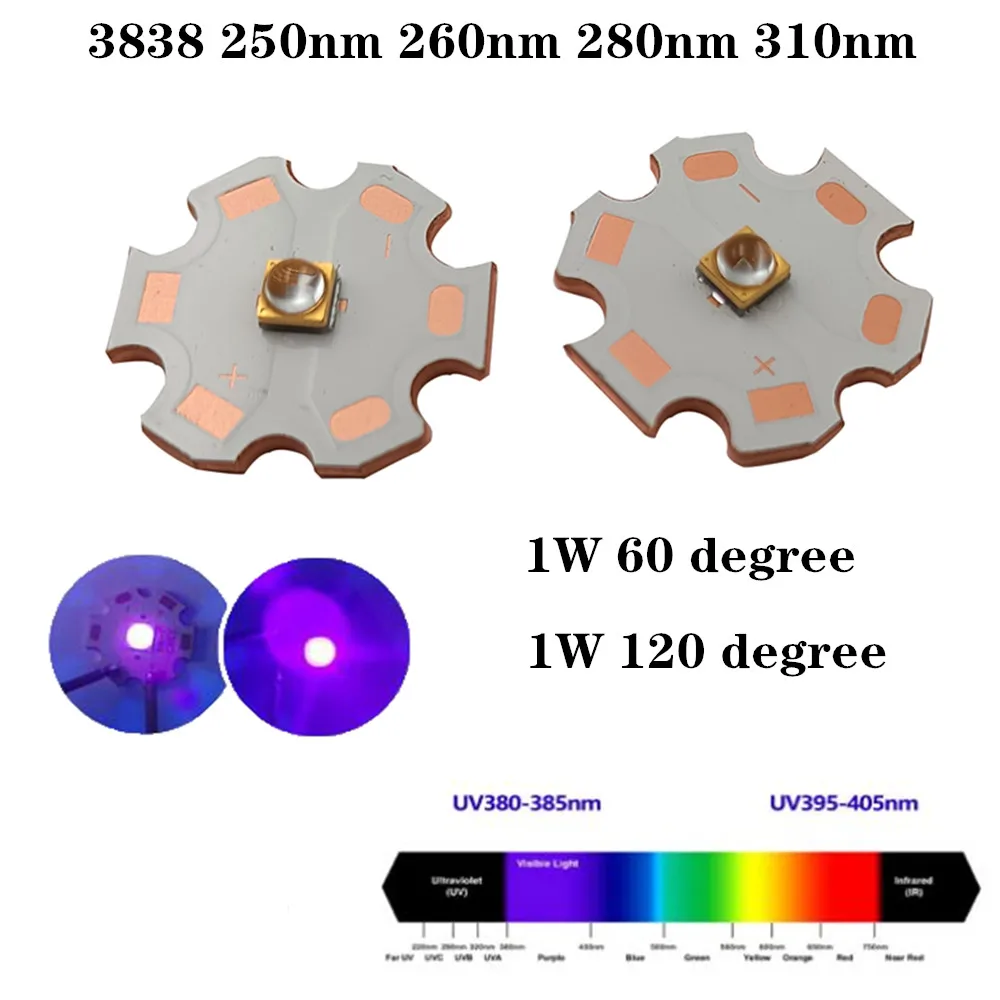 3838 1W UVC UV-C LED  250nm 270nm 310nm 5-7V 150mA Ultra Violet Lamp with  PCB Copper Light Board