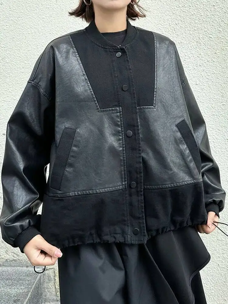 黒ポケットビッグサイズ PU レザージャケット新しいスタンドカラー長袖女性コートファッション潮春秋