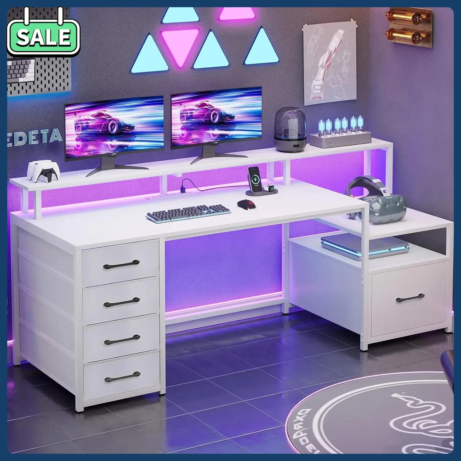 مكتب كمبيوتر أبيض مقاس 66 بوصة مع 5 أرفف تخزين لدرج الملفات وخزانة الطابعة #1