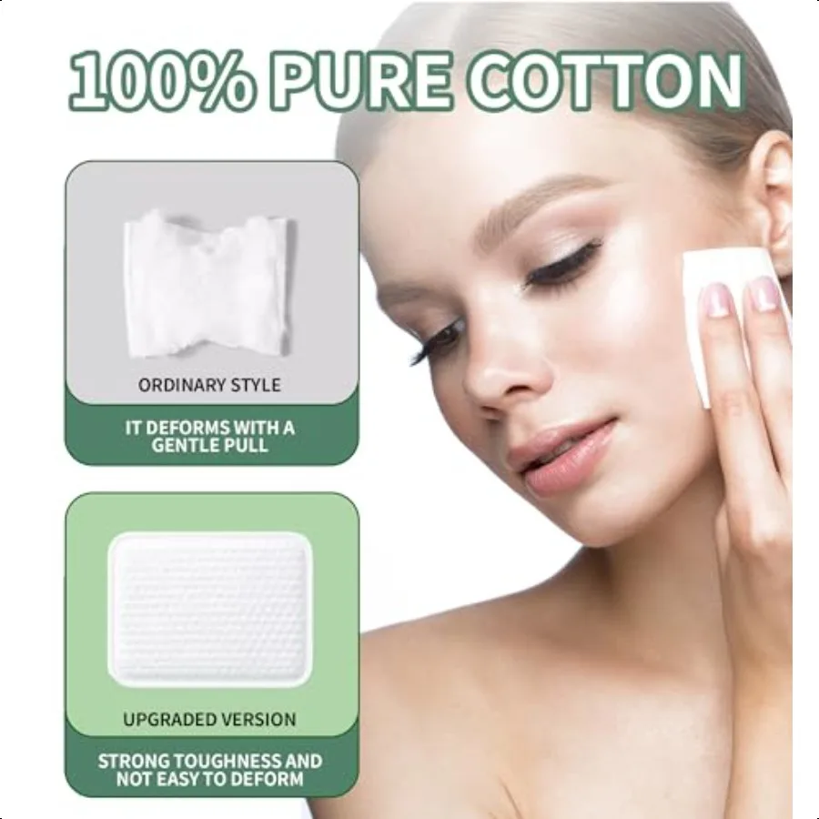 وسادات قطنية مربعة كبيرة 100 قطعة 100 قطن خالية من الوبر زوايا مستديرة ناعمة متعددة الطبقات لإزالة المكياج وتنظيف الوجه