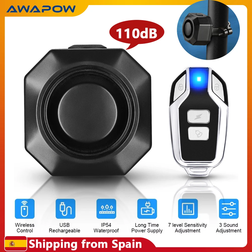 Awapow Wireless Bicycle Alarm USB Charging Motorcycle Bike Alarm Remote Control Anti-theft Bike Vibration Detector Alarm System