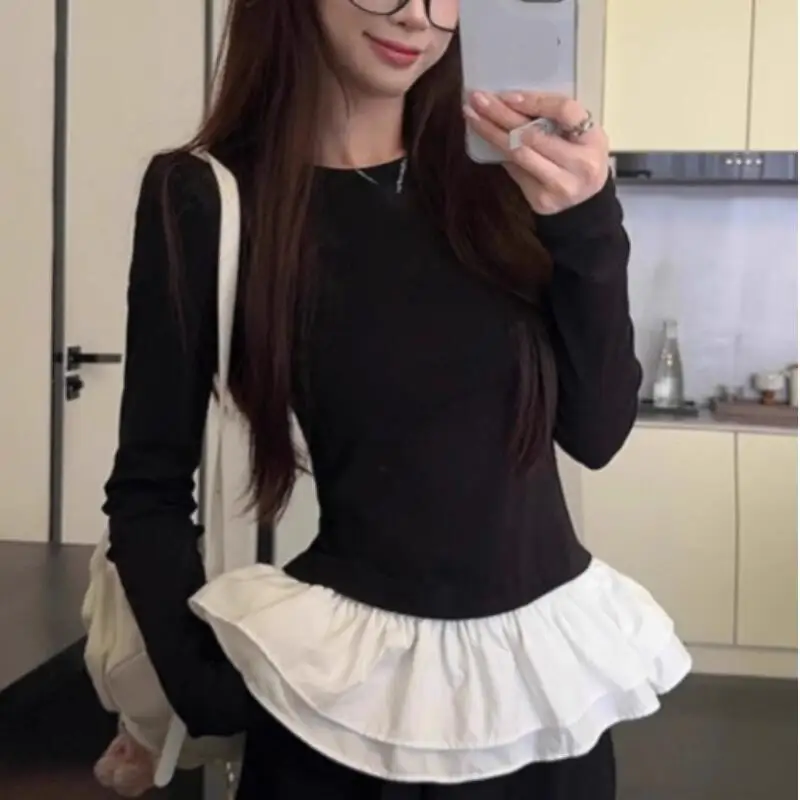 

Корейская Ins сращивание поддельных кружевных футболок из двух предметов с длинными рукавами для женщин, модный универсальный топ с круглым вырезом и плечами, новый стиль