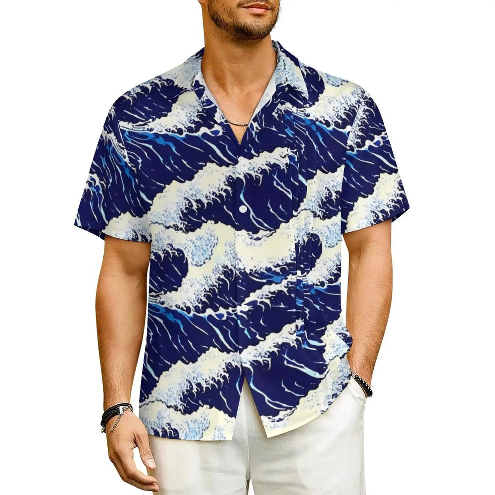 Vintage Blue Wave Japanese Hawaiian Shirt For Men Beach  Casual Shirts Short-Sleeve Y2K Fashion Design Classic Oversized Blouses