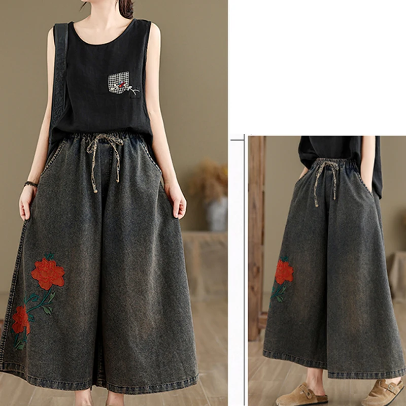 Wide Leg Long Pants for Women Flower Embroidery Trousers Denim Jeans Elastic Waist Casual Pants 2025
