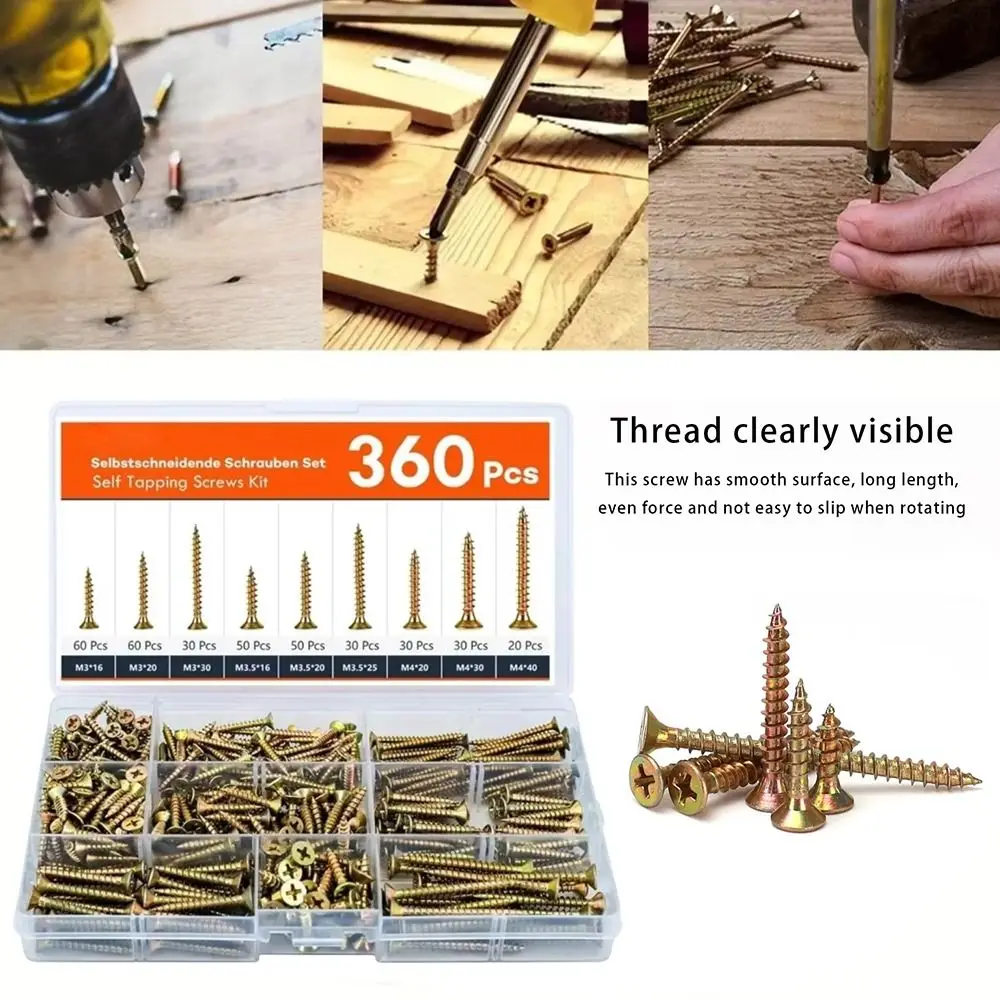 360 PCS M 3.5 Self-Drilling Wood Screws Carbon Steel Coarse Thread Deck Screws Wood Screw Self Tapping Exterior Deck Screws