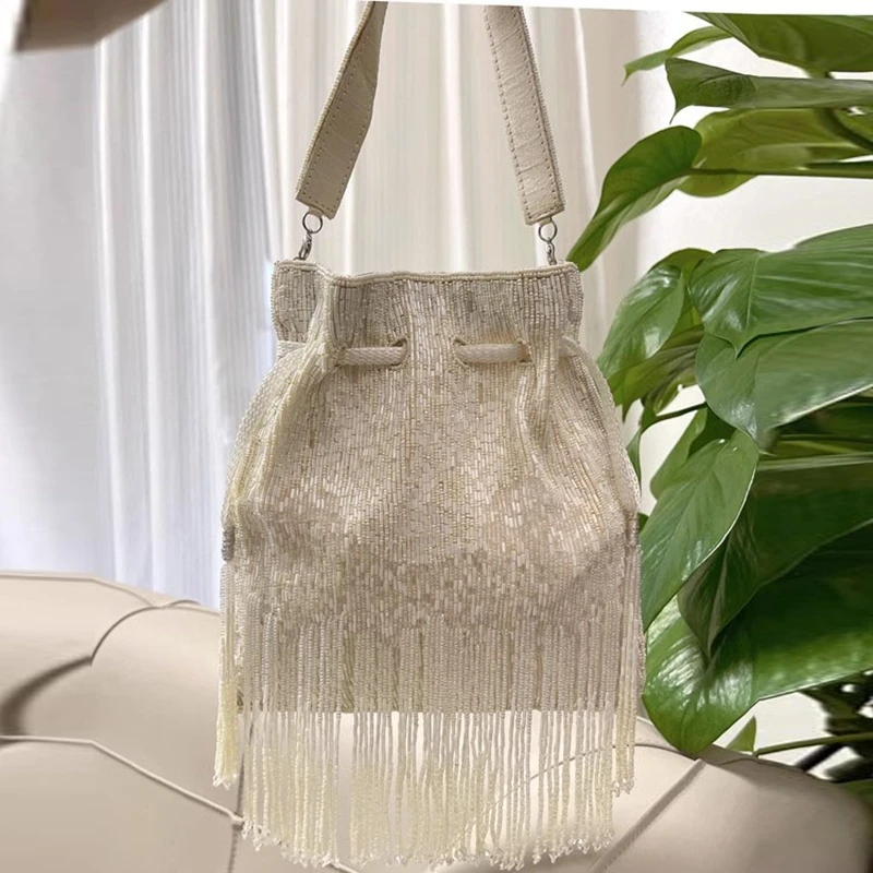 DOYUTIG Brand Women\'s Long Tassels Beaded Handbag Indian\'s Retro Handmade String Totes Lady Embroidery Bead Crossbody Bag N019