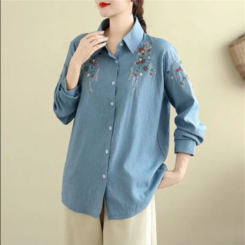 

Retro Embroidered Shirt Women Denim Shirt Loose Fit Polo Collar Long Sleeve Thin Blouse Spring Autumn Woman Shirts Cotton Tops