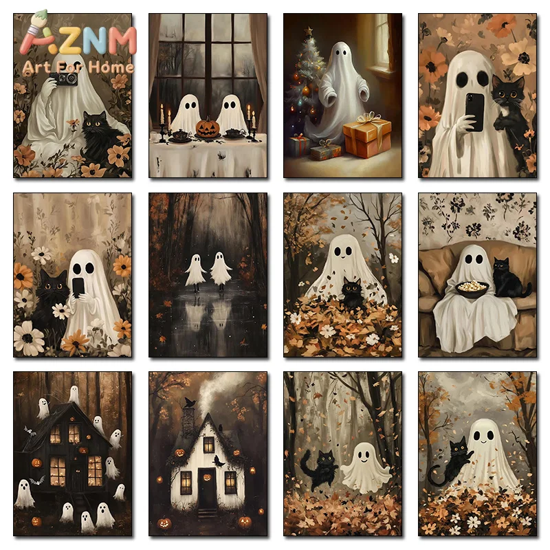AZNM Niedliches Geister-Halloween-Leinwandbild, Schwarze Katze, Gruseliges Spukhaus, Lustiges Vintage-Herbst-Ölgemälde, Ungerahmte Leinwand, Heimdekoration