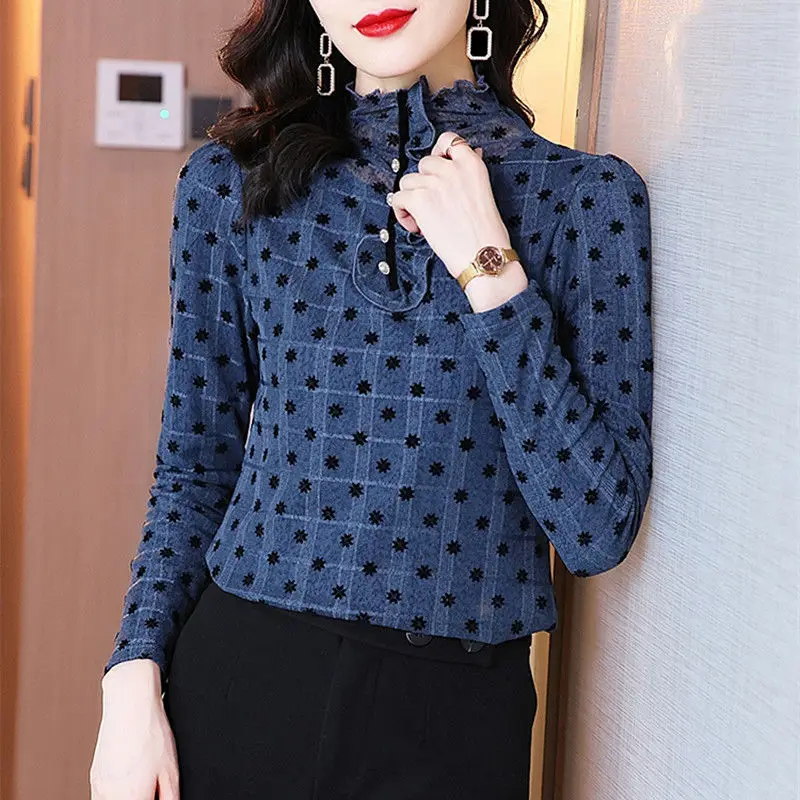 Women Denim Blue Colour Zigzag Dot Printing Half Height Collar Slim Agaric Lace Transparent Blouse Nail Bead Embellishment 5XL