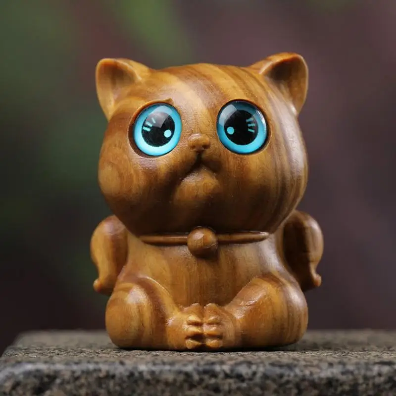 Sandalwood Cat Figure Cat Akimbo Ornament Cute Cat Toy Sculptures DIY Crafts Status with blue eyes for tabletop home decoration