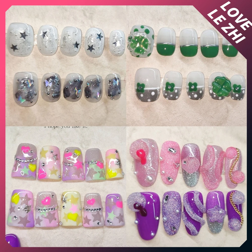 

10Pcs Kawaii Handmade Square Round Reusable Press On Fake Nail Four-Leaf Clover Five-Pointed Star Pearl Diamond Full Cover Nails