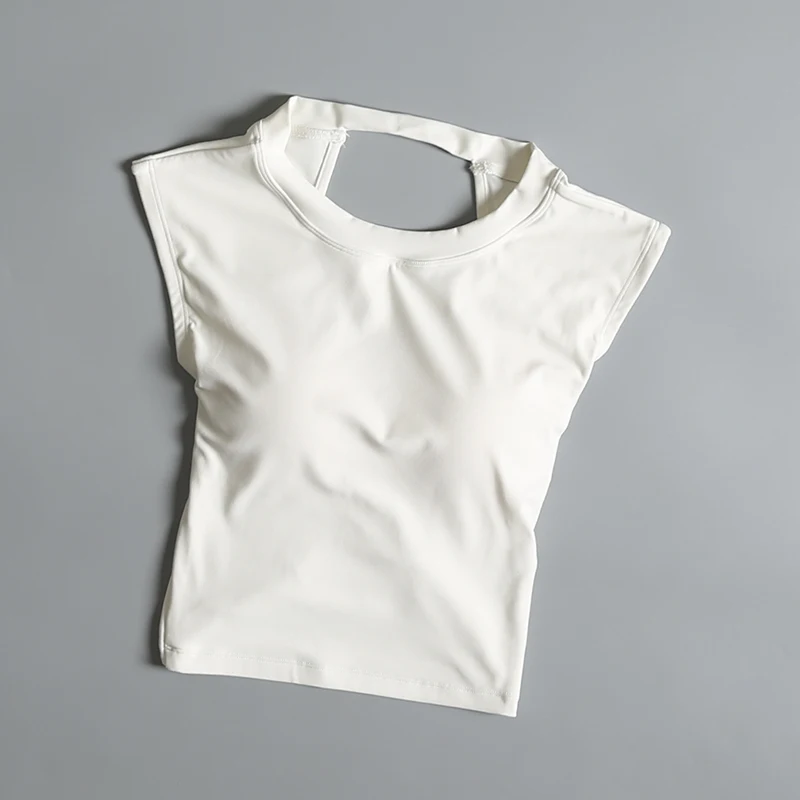 Sport-T-Shirt für Damen im Sommer, kurz, sexy, rückenfrei, integrierter Yoga-Anzug, Weste, zum Laufen, ärmelloser Fitness-Anzug – Detail 4