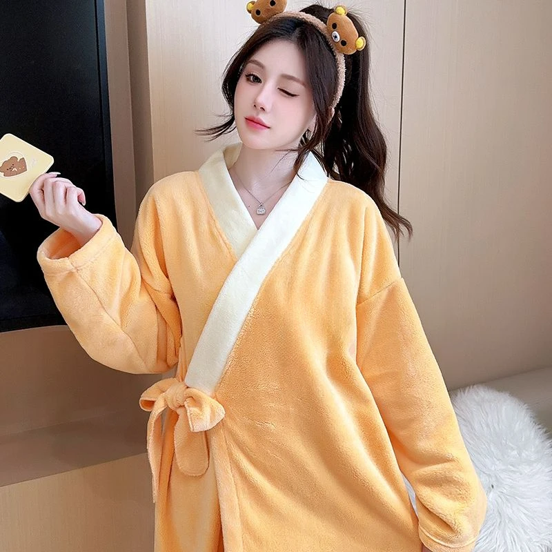 Women's Autumn Winter Thick Kimono Robe Coral Velvet Warm Long Sleeve Spring and Autumn Flannel New Sleeping Home Dress Bathrobe