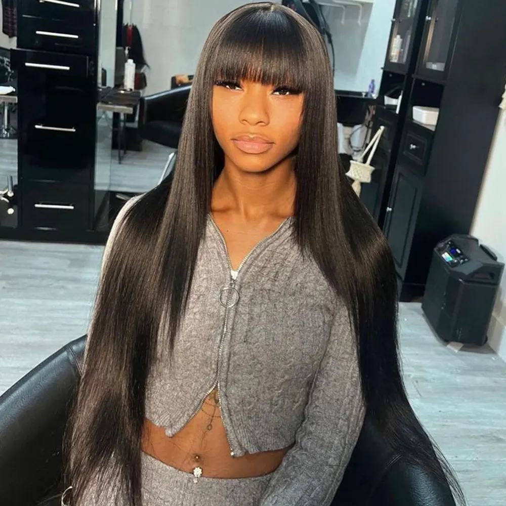 30 Inch Bone Straight Human Hair Wig With Bangs 3x1 HD Lace Wigs 220% Density Wig Human Hair Brazilian Natural Black Color For W
