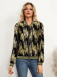 Bomber Gradient Color Contrast Trim Jacket, Casual Sequined Long Sleeve Jacket For Fall & Winter, Women's Clothing