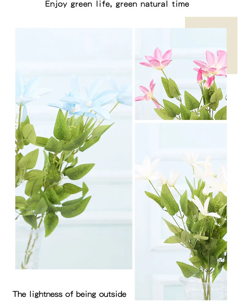 10 Stück Künstliche 3-köpfige Klematis-Lotus-Seidenblumenzweige für Hochzeitsdekoration, Party-Hintergrund, Blumenarrangements, Heimdekoration – Detail 6