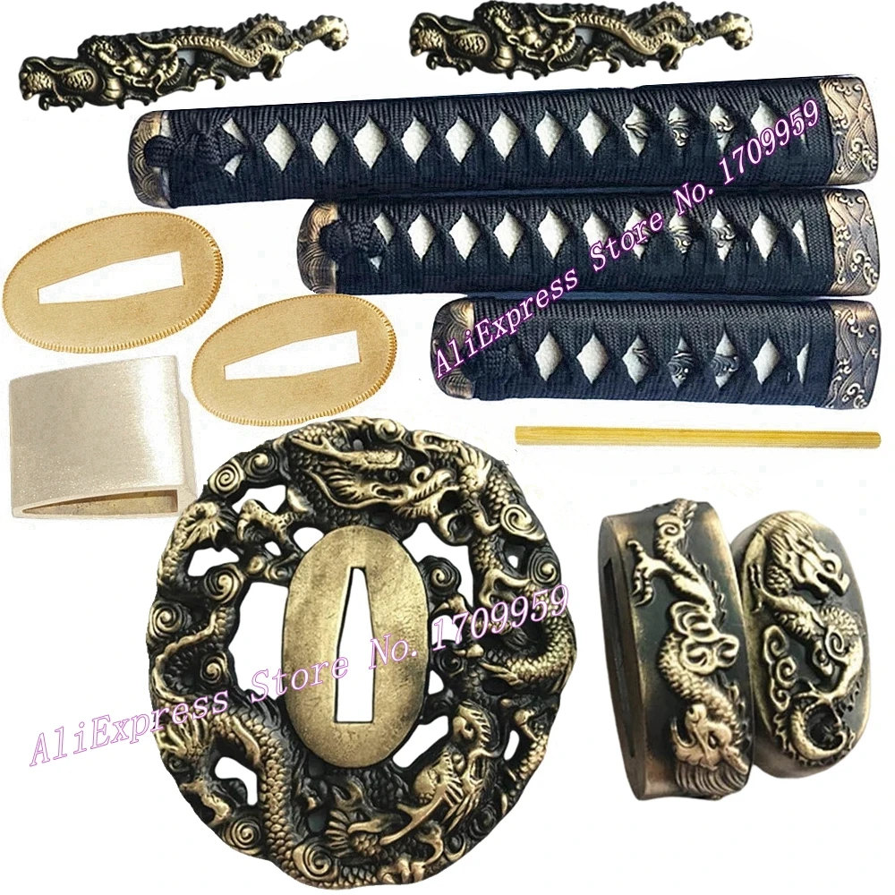 

3PC Set Fittings Japanese Sword Dragon Tsuba +Menuki+Fuchi+Kashira+Tsuka+Habaki+Seppa For Katana/Wakizashi/Tanto Brass Accessory