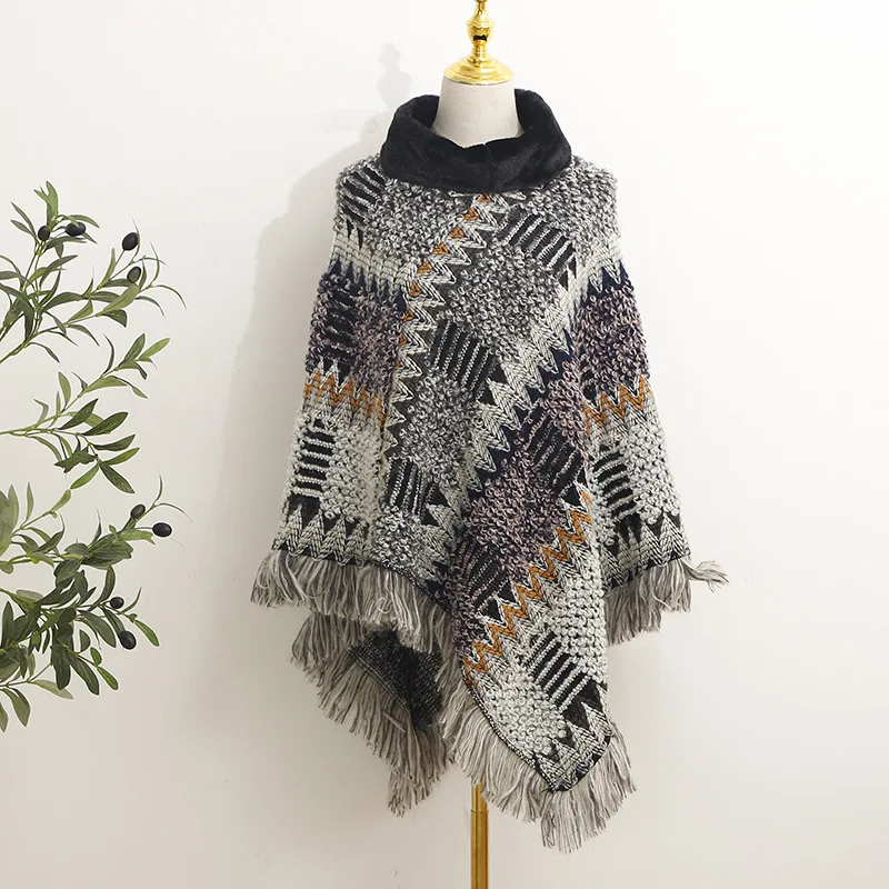 

Winter Folk Style Shawl Bohemian Knitted Warm Colored Plaid Shawl High Neck Scarf Small Square Shawl Shawl Tassel Style External