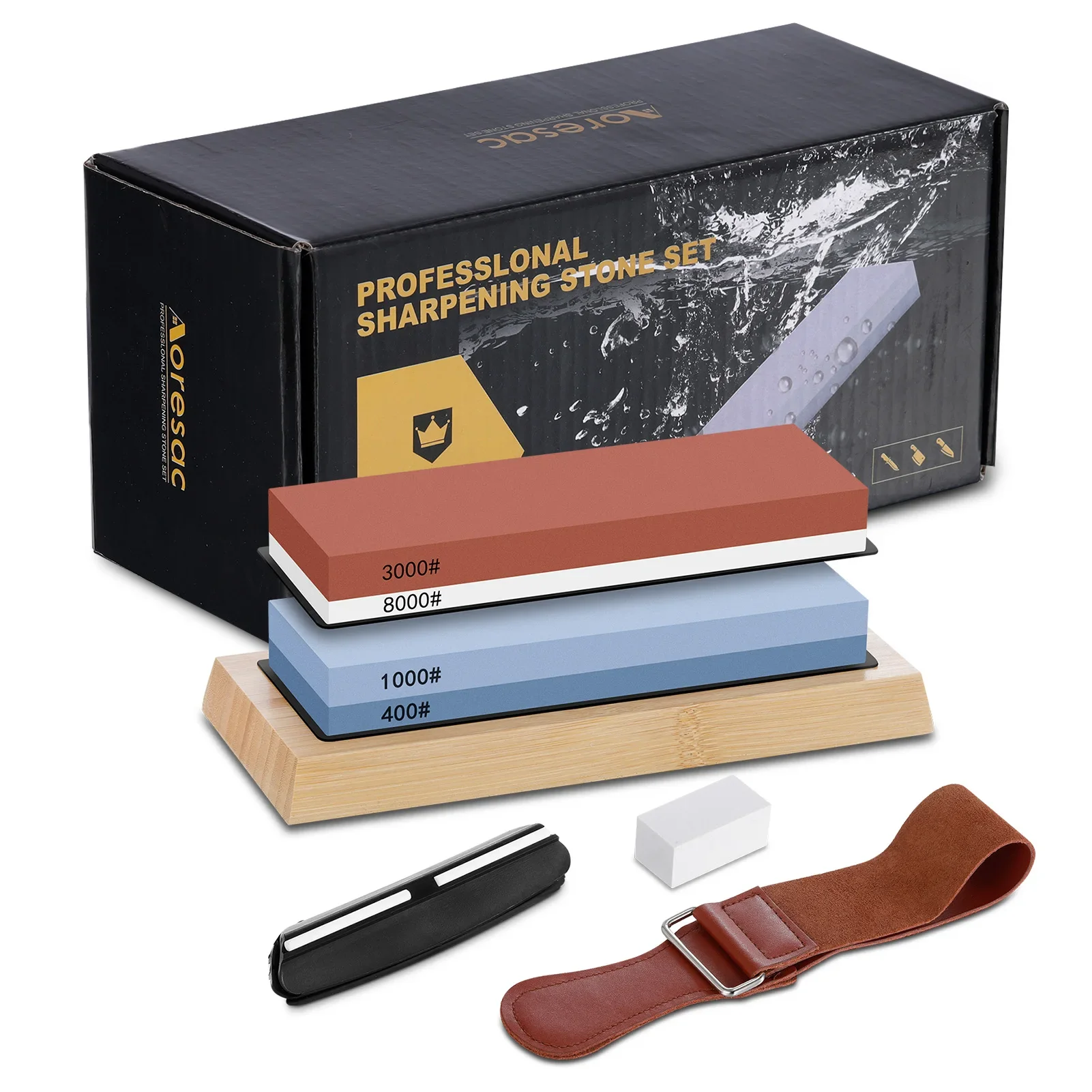 Complete Knife Sharpening Stone Set/Dual Grit Whetstone 400/1000 3000/8000 Knife Sharpener with Leather Strop /Flattening Stone