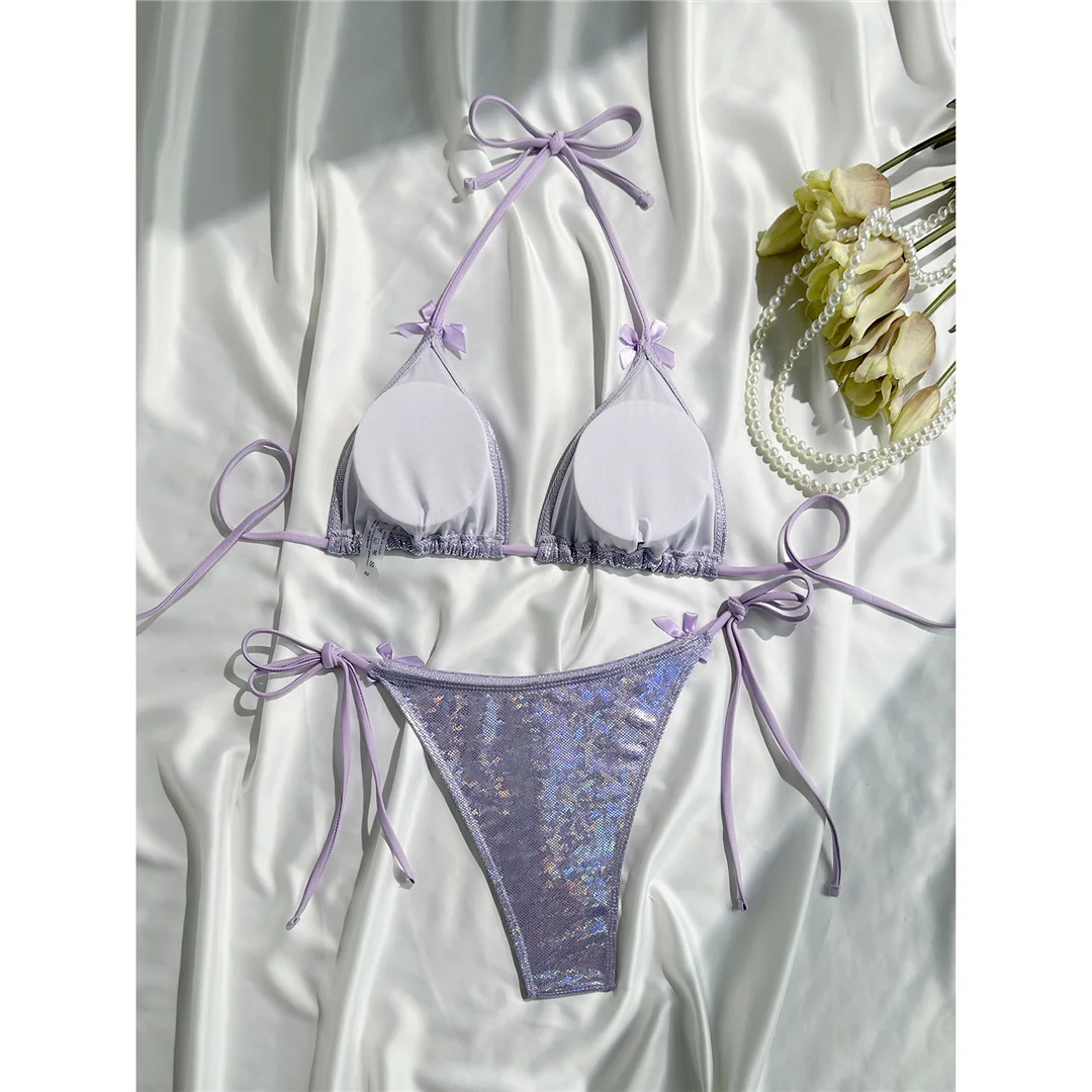 Glitzernder, funkelnder Neckholder-Bikini, Damen-Badebekleidung, zweiteiliger Bikini-Set, Badeanzug mit hohem Beinausschnitt, Badeanzug, Schwimmanzug V7269 – Detail 12