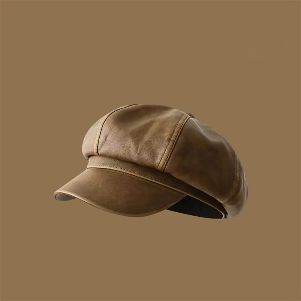 New PU Leather Newsboy Hat Solid Color Curved Brim Newsboy Cap Octagonal Casual Beret Hat Men and Women