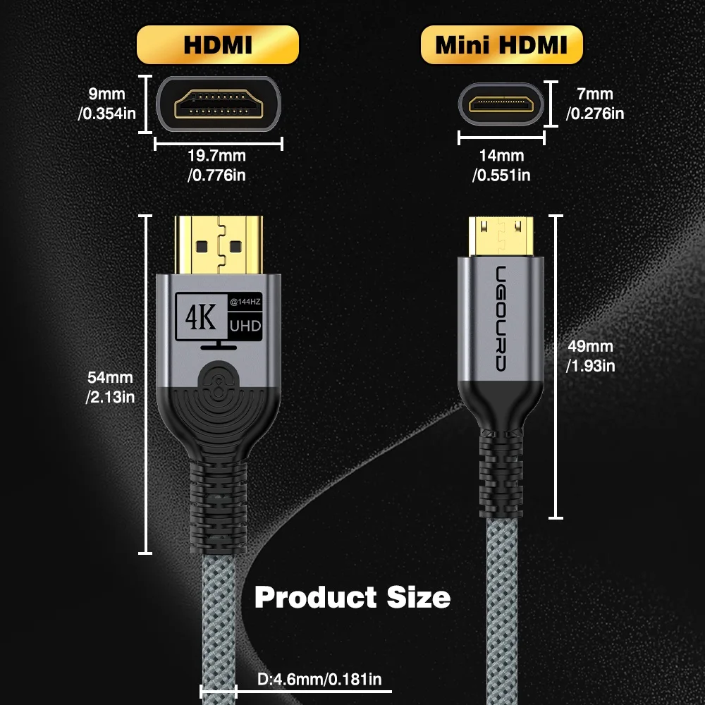 UGOURD 미니 HDMI-HDMI 케이블 4K 60Hz 144Hz UHD HDR HDMI 2.0 브레이드 코드 DSLR 카메라용 양방향 금도금 커넥터 썸네일 6