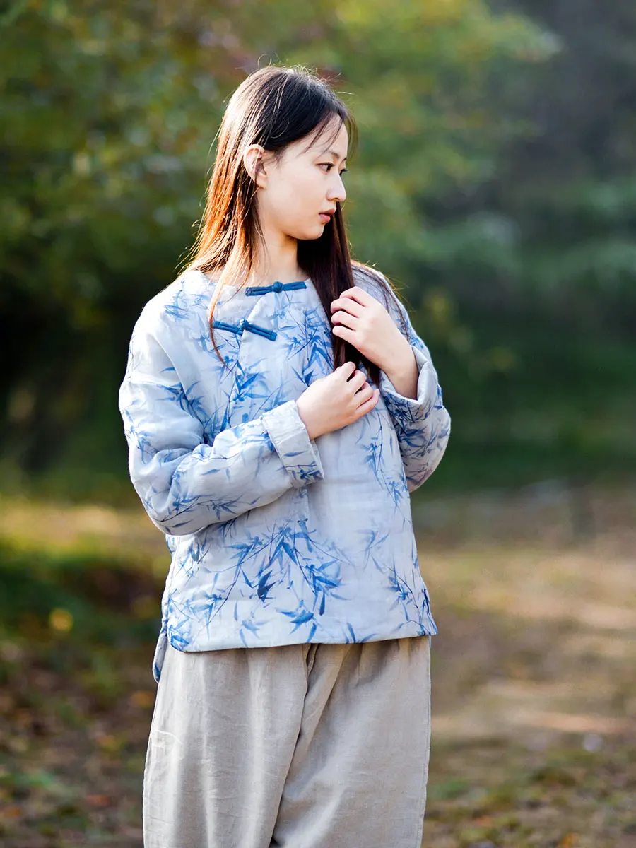 

Chinese Sle Digital Print Cotton Jaet Women's Retro Loose Fit Button down Cotton Padded Linen Tea Costume Spring Autumn