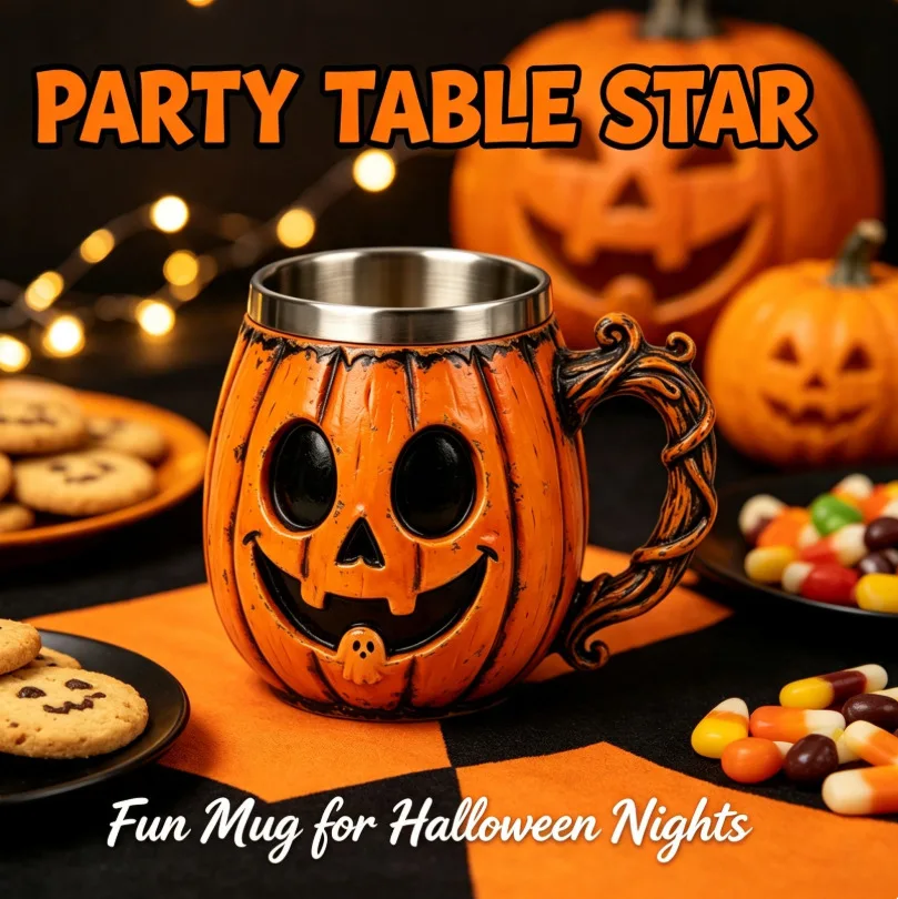 Halloween Pumpkin Face Resin Beer Mug Stainless Steel Liner Coffee Water Cup Spooky Ghost Design Party Bar Decor Holiday Gift