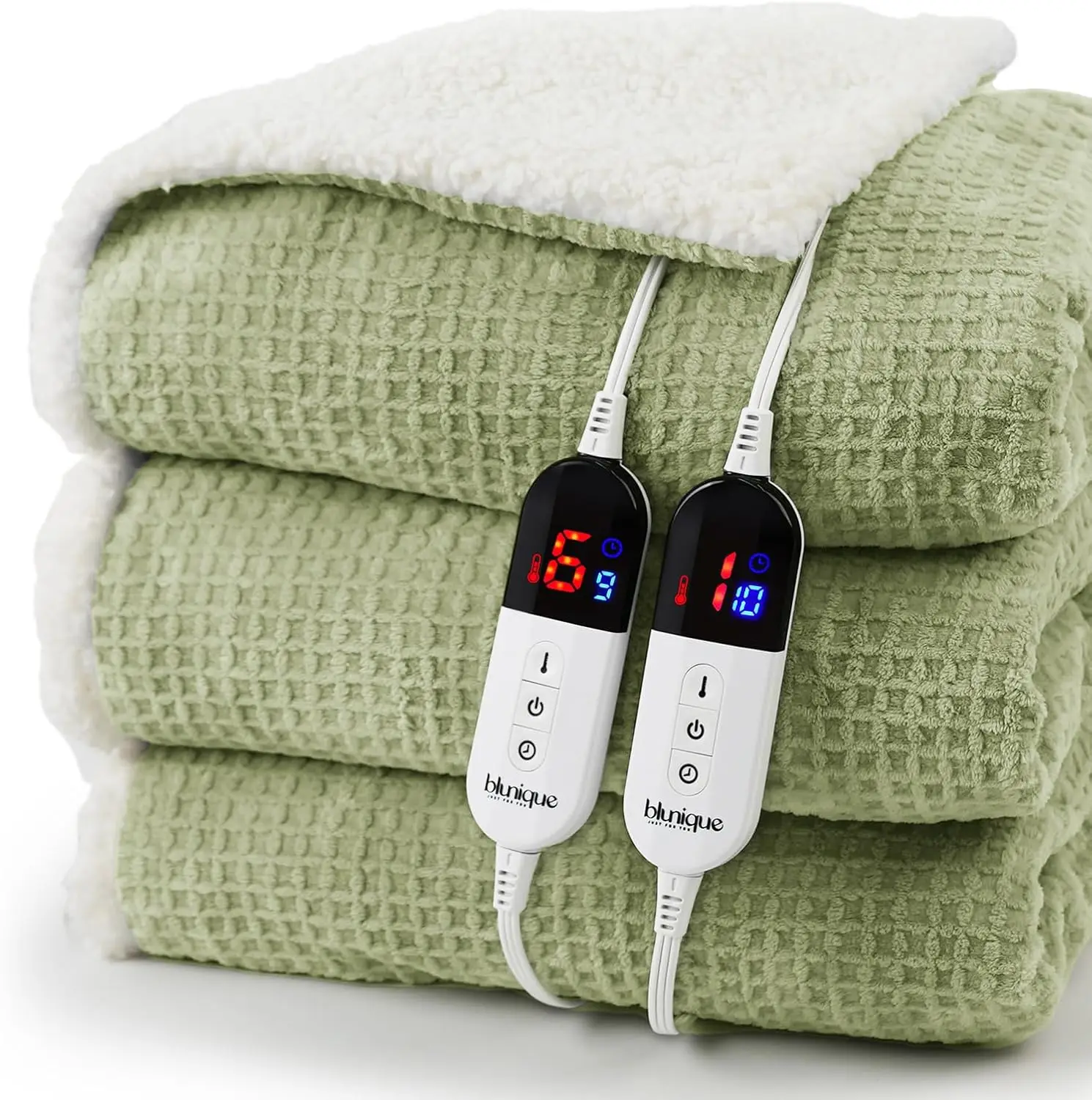 

Heated Blanket Electric Blanket Queen Waffle, 84x90 Inches Dual Controllers Sherpa Fleece Fast Heating Blanket 6 Heating Levels