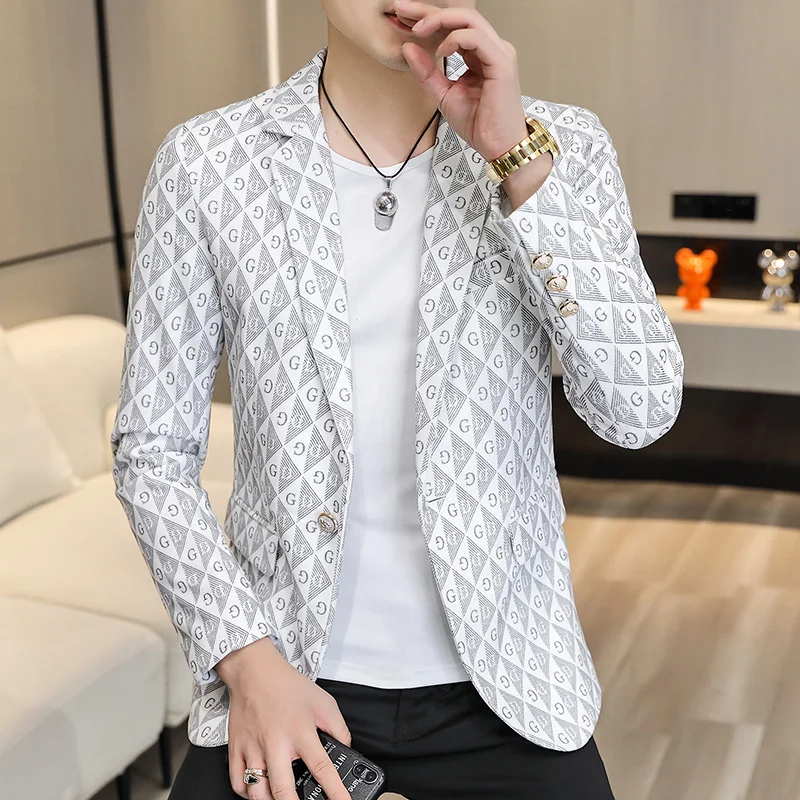 

Autumn Plaid Print Men Blazers Korean Fashion Lim Casual Business Suit Jackets High Quality Male Office Social Streetwear Coat