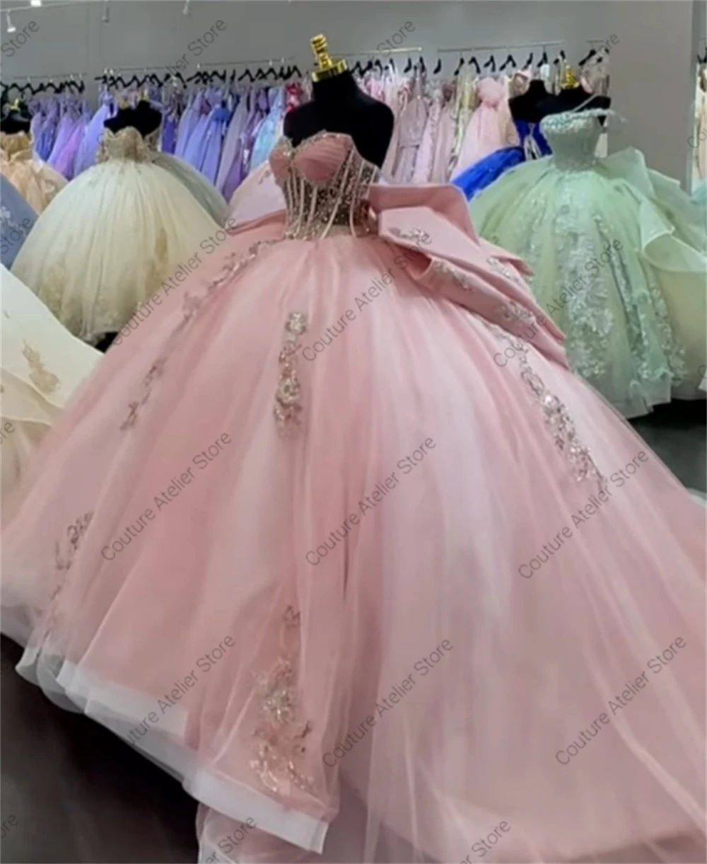 Exquisite Pink Sweet 16 Quinceanera Dresses Rhinestones Corset Applique Ball Gown With Bow vestidos xv años nuevos Customized