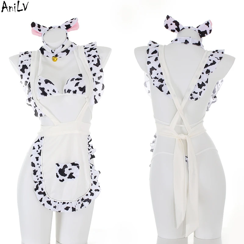 AniLV Girl Anime Maid House Cow Uniform Temperament Lingerie Role Play Women Sexy Underwear Apron Outfit Erotic Pajamas Costume