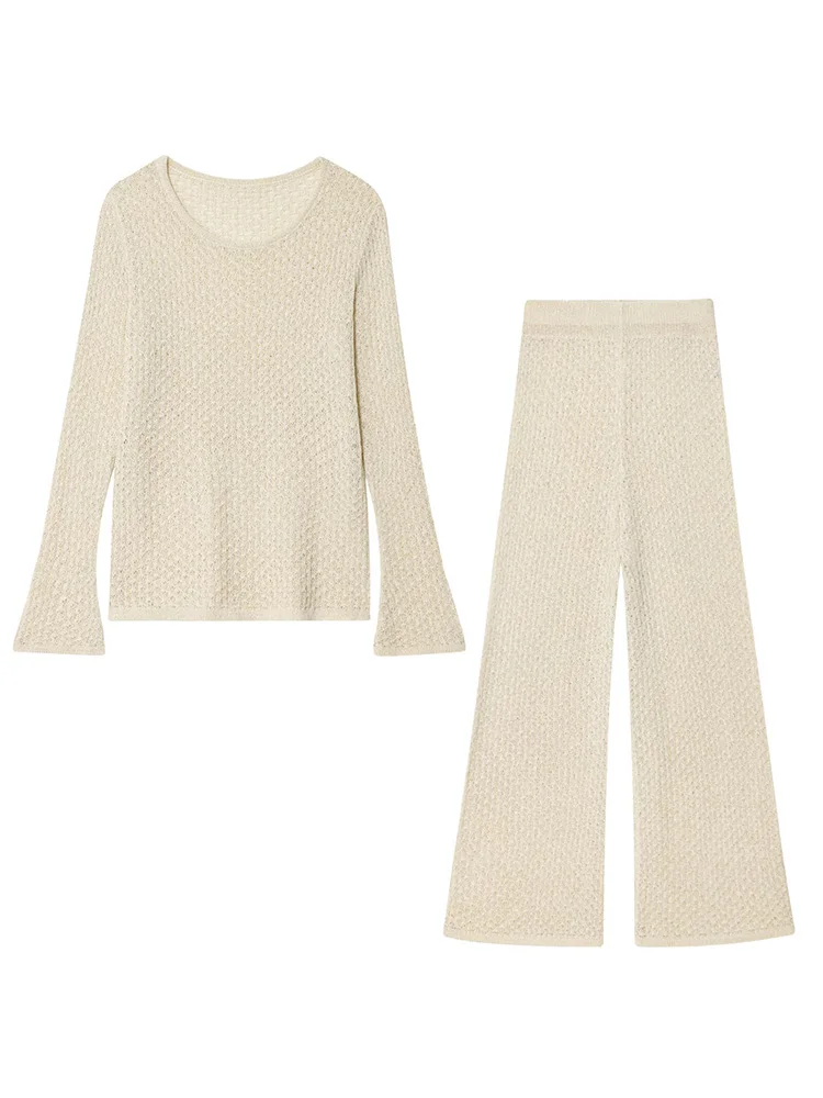 

European style new women's fashion all-match temperament round neck long sleeve solid color slim top pants suit