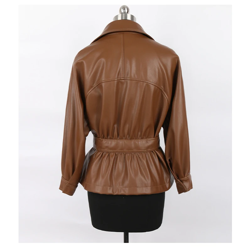 Mauroicardi Spring Short Fitted Brown Soft Lightweight Pu Leather Jacket Women Raglan Sleeve Sashes Black Fall Clothes 2025