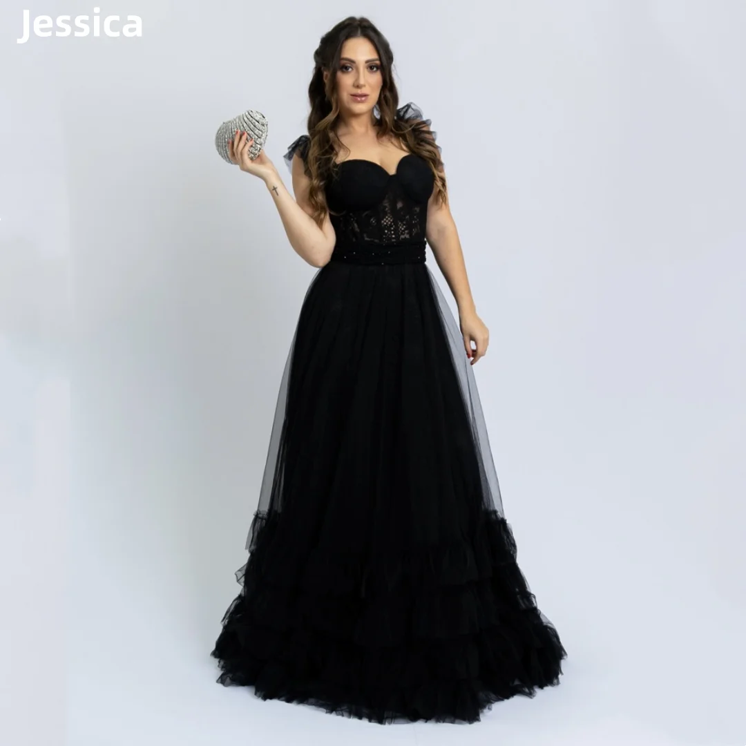 

Jessica Lace Embroidery Prom Dresses Handmade Tulle Black Special Occasion Evening Dresses Strapless Elegant Party Dress