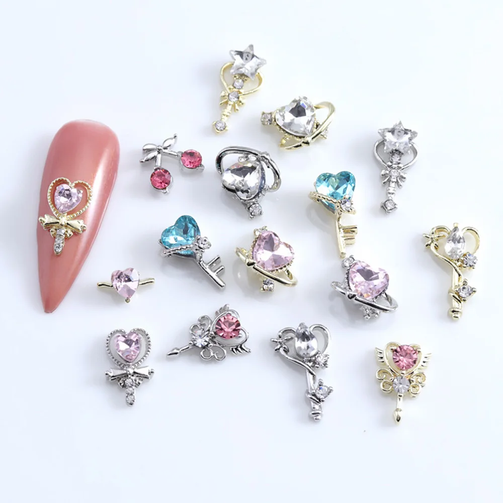 10pcs Pink Magic Wand Nail Art Charm 3D Sailor Heart Moon Star Universe Planet Nail Jewelry Decor Parts parti di unghie giapponesi fai da te