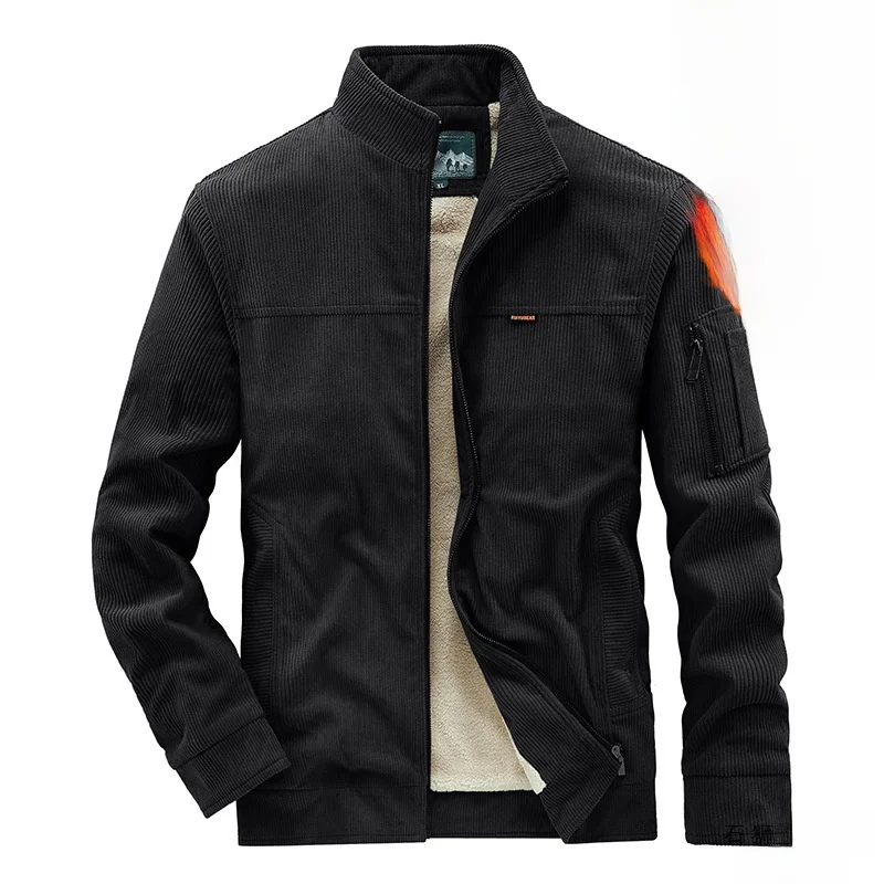 

Men's Winter Thiened Fce Lined Lamb Velvet Jaet Coat Warm Windproof Cotton Padded Stand Collar Long Sve Coat