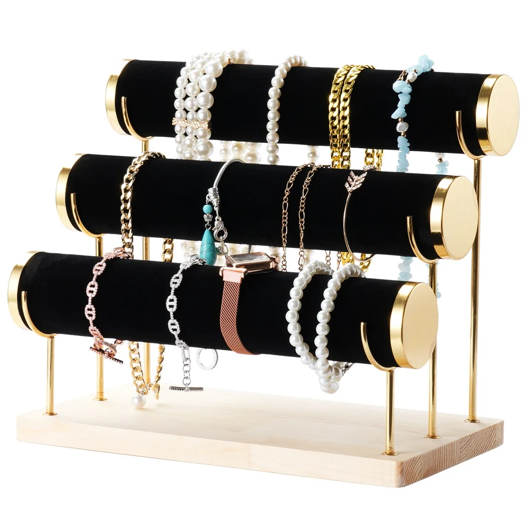 

3-Tier Detachable Bracelet Holder Jewelry Tower With 3-Tier Rack Velvet Gilt-Edging Jewelry Display Stand Storage With Wood Tray