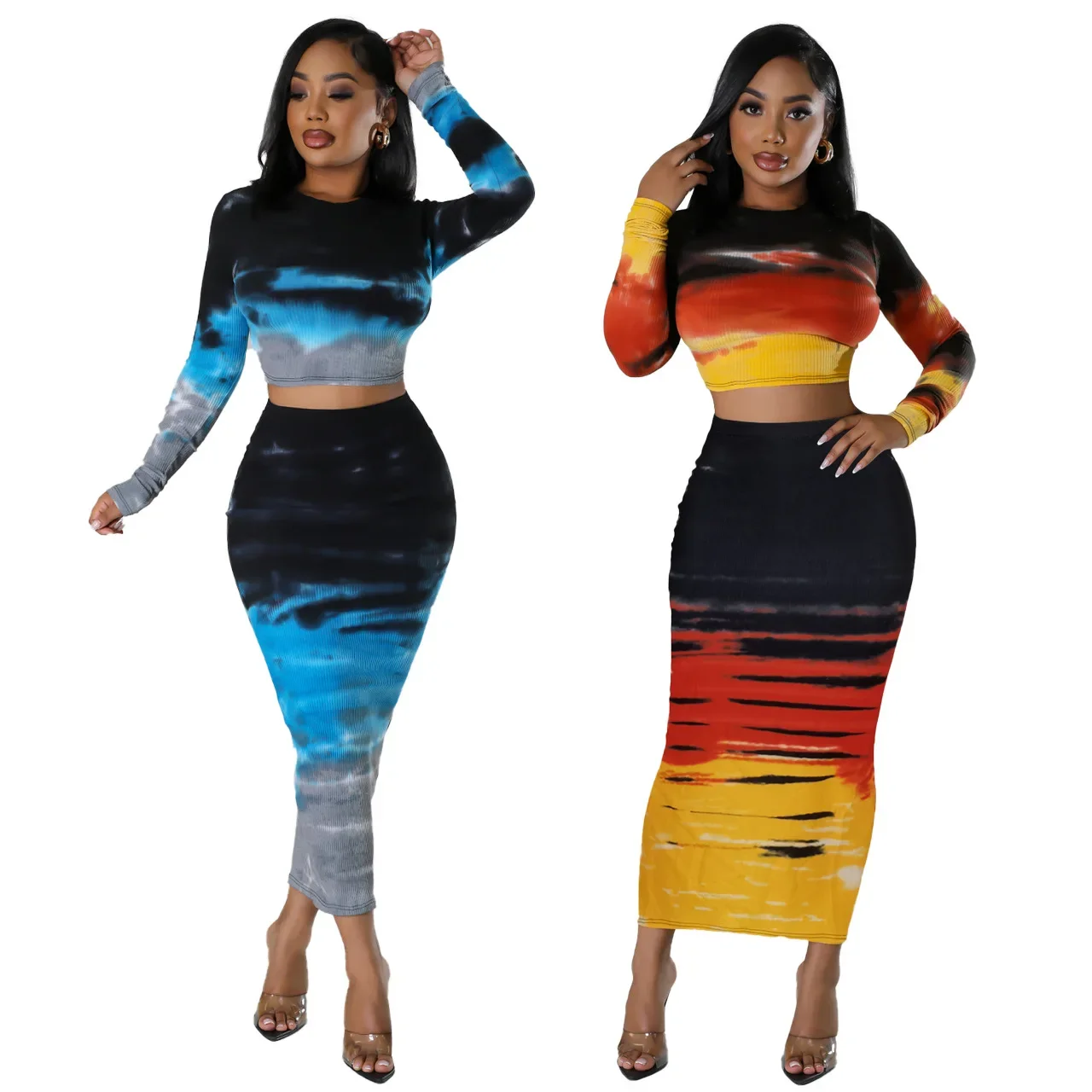 Casual Sets for Women Two Pieces Print Long Sleeves O Neck Skinny Tops New in Matching Suit Spring Autumn Pencil Long Dress Sets