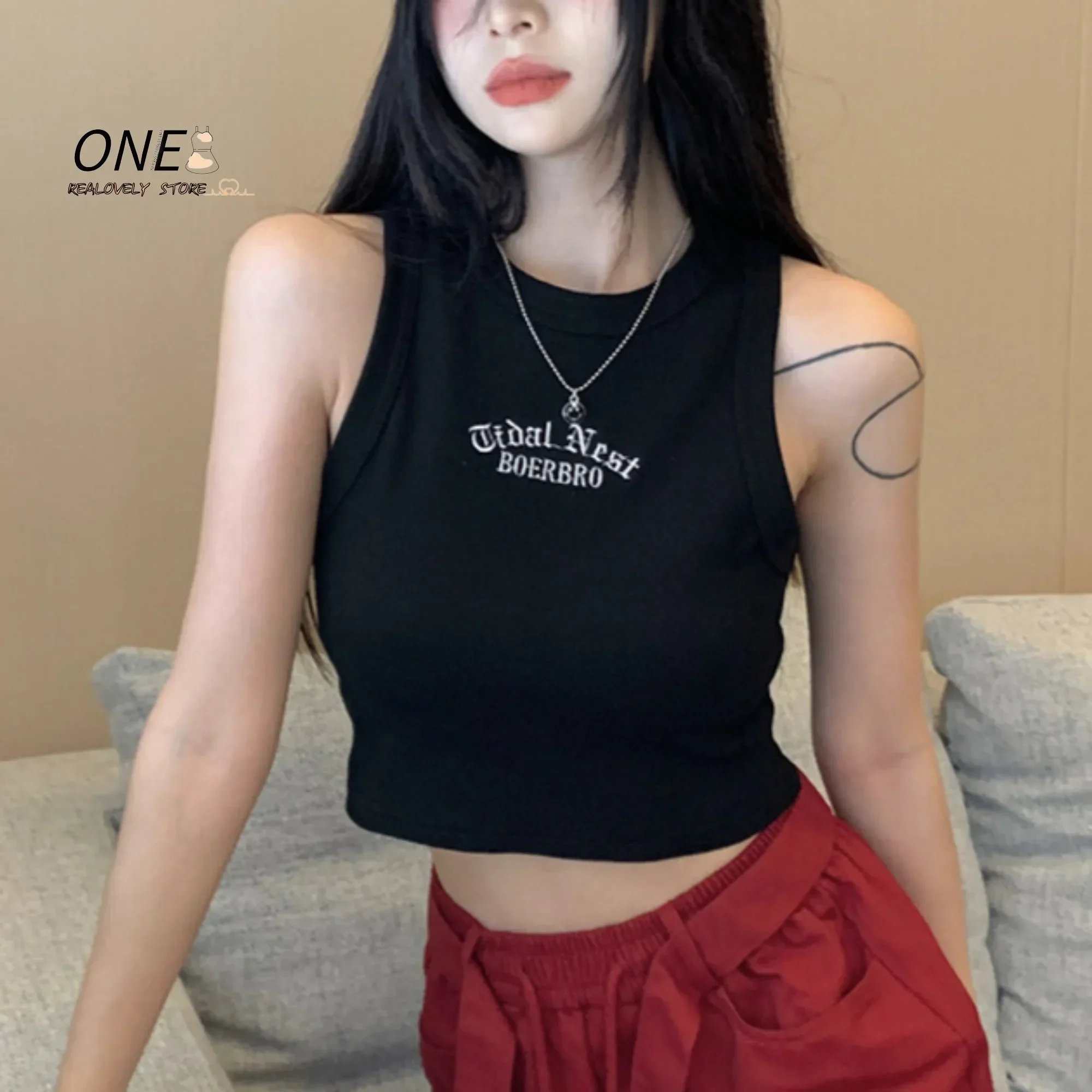 Women's Tank Top Ribbed Knitted Embroidery Letter Vest Female Summer Clothing Crop top White Black Casual Short Tight Sport Tops