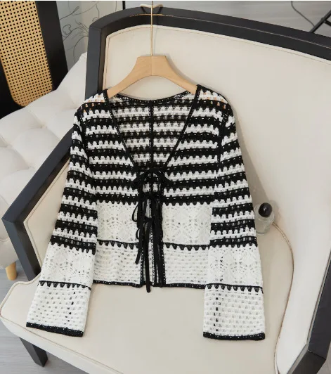 

2025 Autumn Vacation Black White Striped Crochet Knitted Cardigan Women Back Tie V Neck Long Sleeve Boho Beach Cropped Top